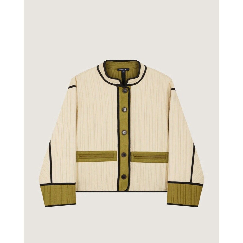 Soeur Paris Patchouli Quilted Boutis Cotton Jacket Ecru Olive Green Oversized 3